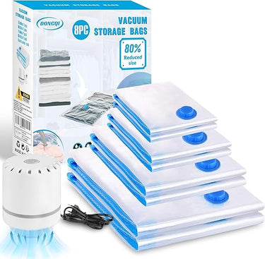 Bolsas de Almacenaje al Vacío 8 Piezas Tipo Grueso 2XL*100x80 + 2L*80x60 + 2M*70x50 + 2S*60x40cm Con Bomba de Aire Eléctrica Reutilizables de Bolsa para Vacío de Ropa,Ropa de Edredones, Almohadas
